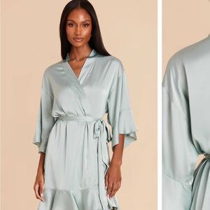 Birdy Grey Green Satin Robe with Ruffle Hem
